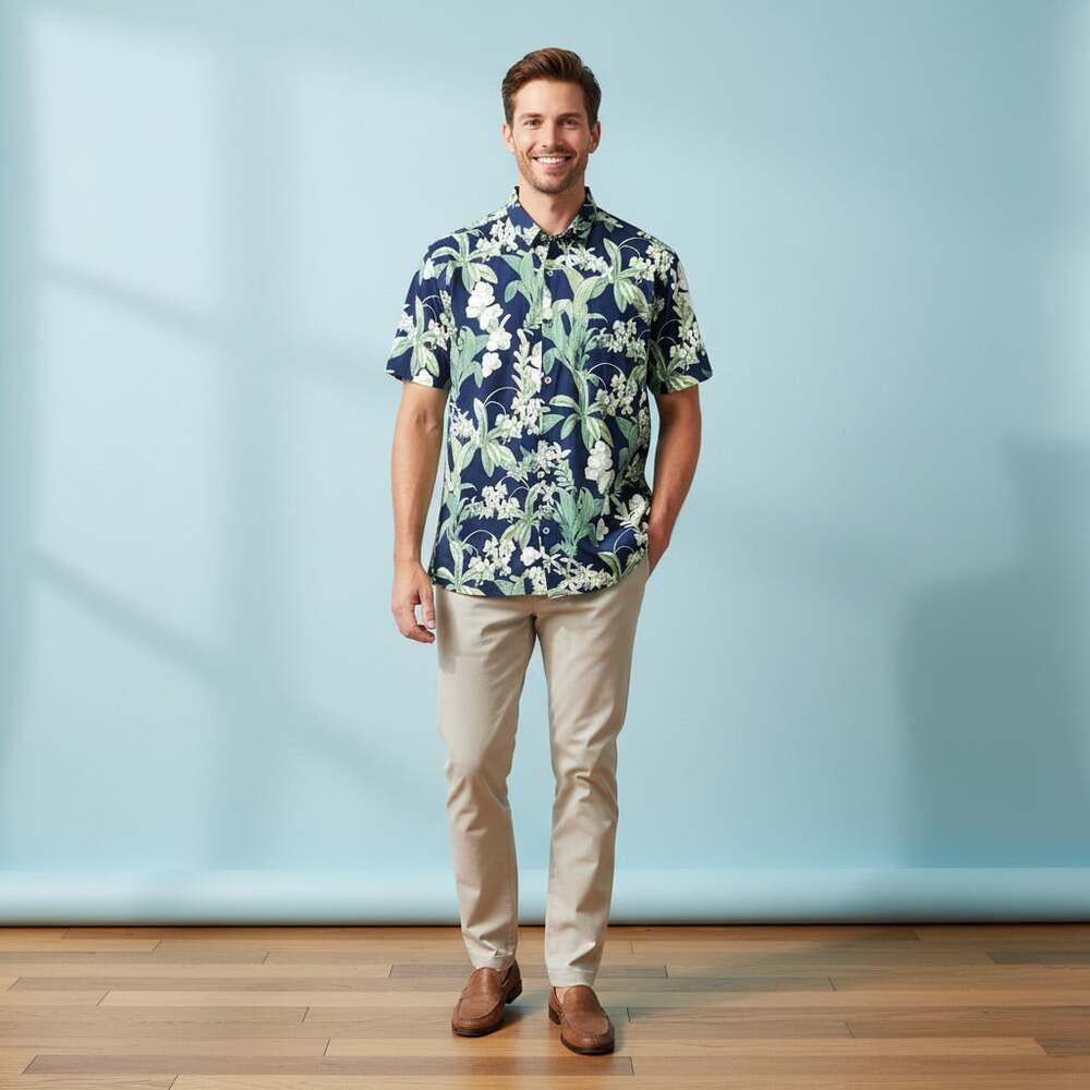 Tori Richard NWT Tropical Orchid Botanical Aloha Shirt Men's M Navy Blue Cotton